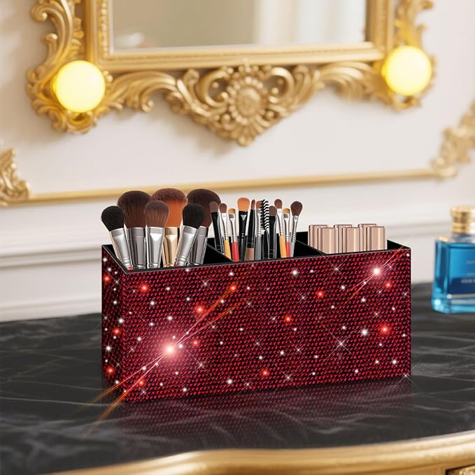 Bling Makeup Brush Holder Organizer, 3 Slot Sparkle Cosmetics Brushes Storage Holders with Shiny Rhinestones, Glitter Cute Pen and Pencil Holder for Desk, Eyeliners Display Case for Vanity???Wine Red???