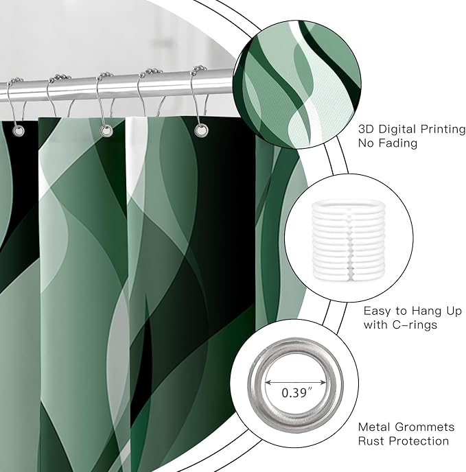 4PCS Emerald Green Bathroom Sets with Shower Curtain and Rugs, Abstract Striped Shower Curtain Sets with Rugs, Modern Bathroom Curtains Shower Set with Toilet Lid Cover