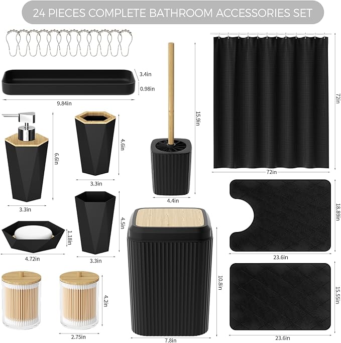 Bathroom Accessories Set - Black Bathroom Set with Shower Curtain and Rugs, Trash Can, Toilet Brush with Holder, Soap Dispenser, Toothbrush and Toothpaste Holder, Cup, Soap Dish, Qtip Holders, Tray