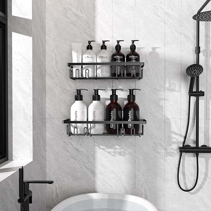 Getsrichfc Adhesive Shower Caddy, Shower Shelves with 16 Hooks, Rustproof Shelf Wall Corner Racks for Inside Bath, No Drilling & Sleek Bathroom Organizers and Storage Caddies Soap Holder, 2 Pack