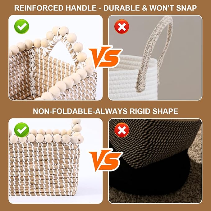 3 Pcs Laundry Hamper Basket with Wooden Bead Handles - Natural Seagrass Storage Baskets for Home Organization Bedroom & Bathroom Laundry Room to Store Clothes, Blankets, Toys 14.7L & 10L & 6.5L