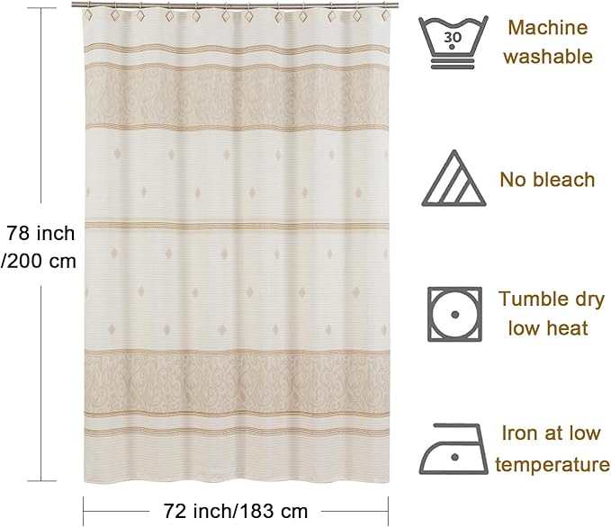 Long Fabric Shower Curtain, Beige Stripe and Taupe Damask Print Shower Curtains for Bathroom, Waterproof Bathroom Curtains, 72" W x 78" H