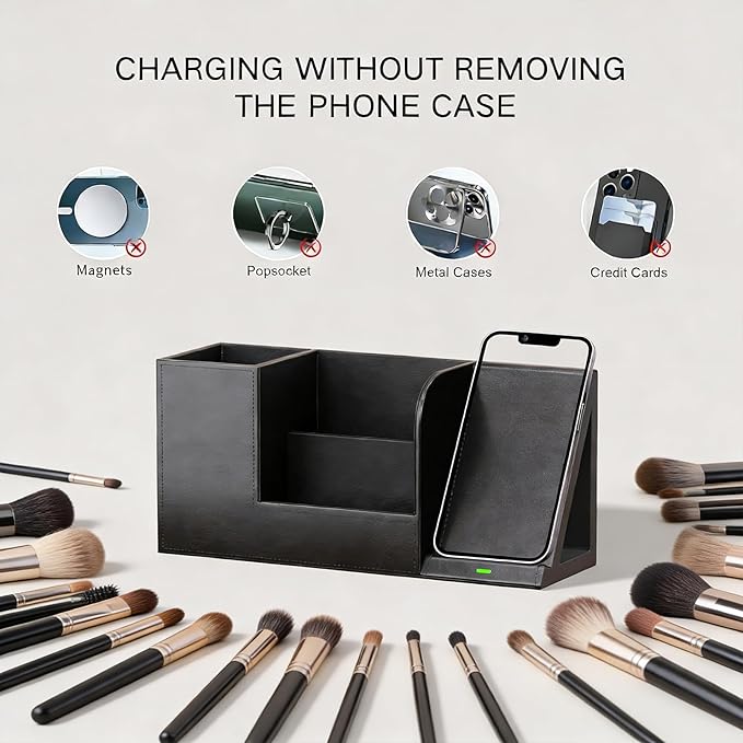 LADSTAG Makeup Brush Holder Organizer, Leather Makeup Brush Cup with Phone Charging Stand for Cosmetics, Nail Polish, Lipstick & Art Supplies ?€? Vanity Desktop Bathroom Organizer