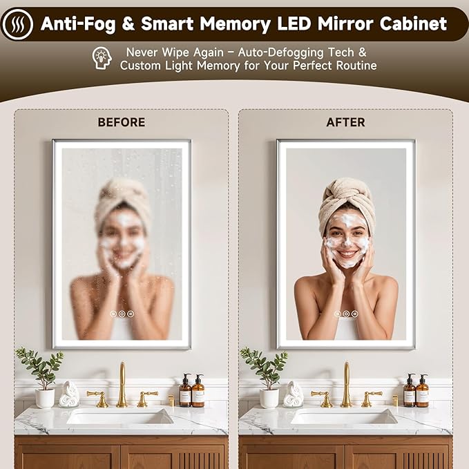 24X30 Inches Framed Medicine Cabinet with Lights, Bathroom Medicine Cabinet with 3-Color/Dimmable, Anti-Fog, Plug-in & Hardwired, Surface Mount & Recessed