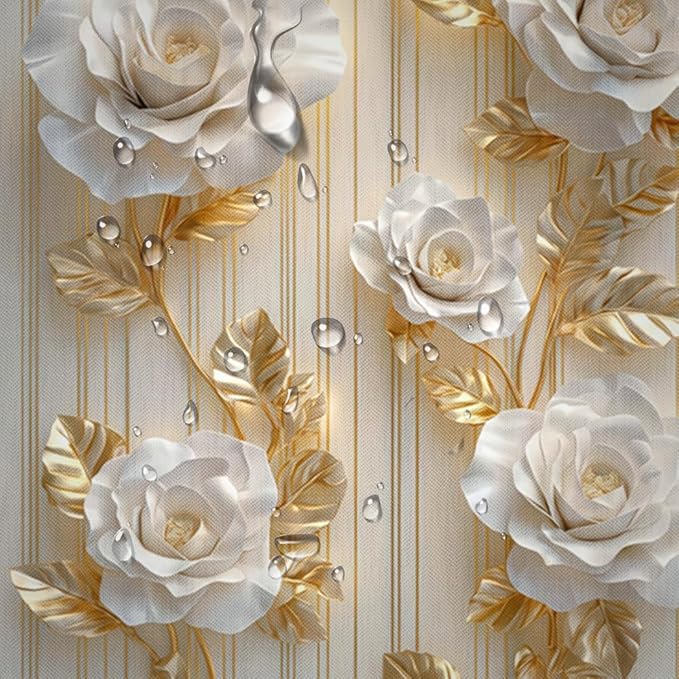 NBVKO 4Pcs Luxury White Rose Shower Curtain Set with 12 Hooks Non-Slip Rugs,Toilet Lid Cover and Bath Mat,Gold Bathroom Decor for Hotel & Home Bathroom