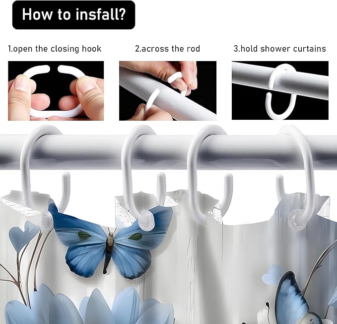 AZHM 4PCS Daisy Shower Curtain Sets with Rugs Blue and White Floral with Butterfly Bathroom Decor Set with Rugs and Accessories Farmhouse Country Shower Curtains for Bathroom