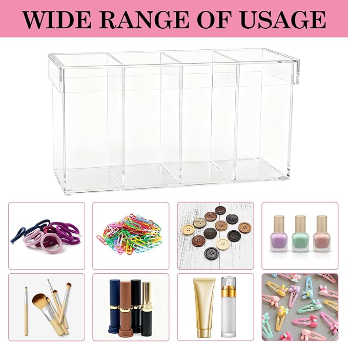 Klmnop Lash Extension Organizer with Lid, 4-Compartment Acrylic Storage Box for Lash Techs, Clear Eyelash Supplies Container Case with for Makeup Brushes and Beauty Tools(Clear)