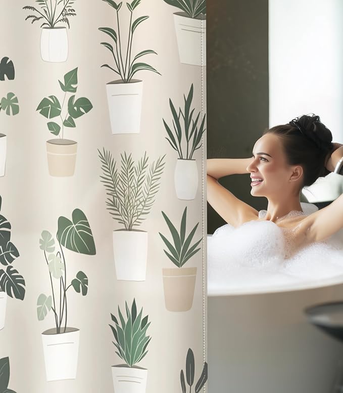 MAMUSE Shower Curtain for Bathroom - Cute Aesthetic Decorative Modern Girly Unique Girls Design Pretty Women Waterproof Fabric Cloth Cortinas de Baño Bathtub 72 x 72 Inch, Plants