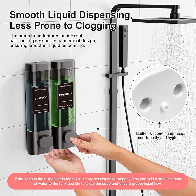 Shampoo and Conditioner Dispenser – Wall-Mounted Shower Soap Dispenser, No-Drill Installation, Lockable, 900 ml Capacity,for Bathroom & Hotel or Airbnb (Gun Gray, 2-Pack)