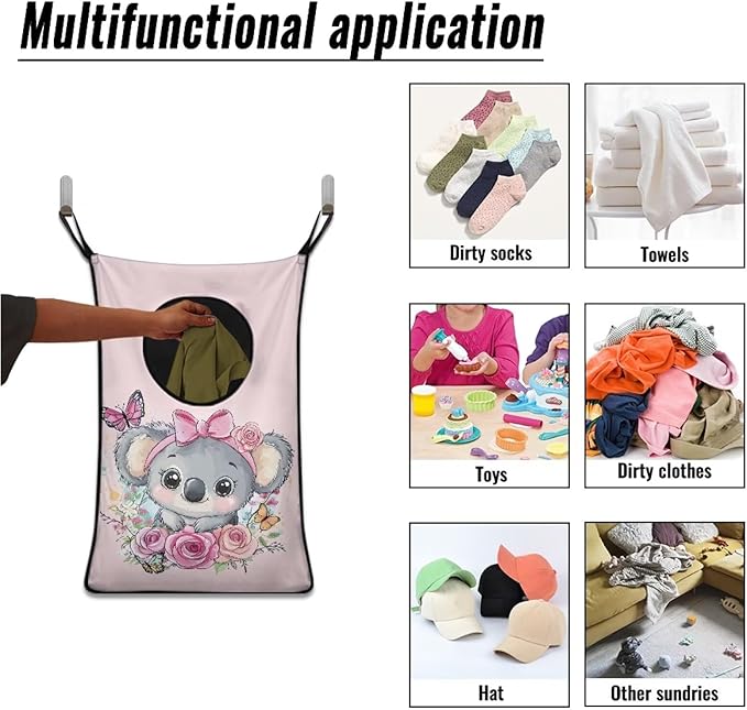 ZOUTAIRONG Pink Rose Koala Print Hanging Laundry Hamper Clothes Basket Over The Door Laundry Hamper Bag Storage Organizers for Kids Bedroom Dorm Closet Hampers