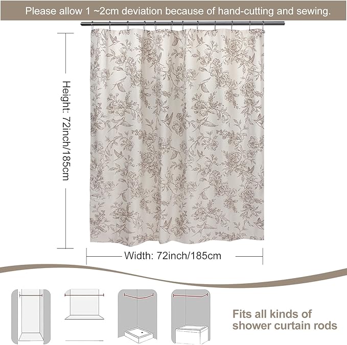MUGINYU Vintage Farmhouse Linen Shower Curtain,Botanical Floral Toile Shower Curtain,Colorful Leaves Bath Curtains Shower,Boho Flower Plant Neutral Bathroom Decor,72" W x 72" L (Vintage Bird Beige)