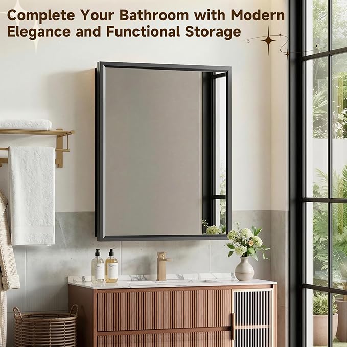 24“ x 30” Black Medicine Cabinets for Bathroom with Mirror, Aluminum Alloy Framed Mirror&Tempered Glass Design, Recessed or Surface Wall-Mounted Metal Bathroom Vanity Mirror with Storage Cabinet