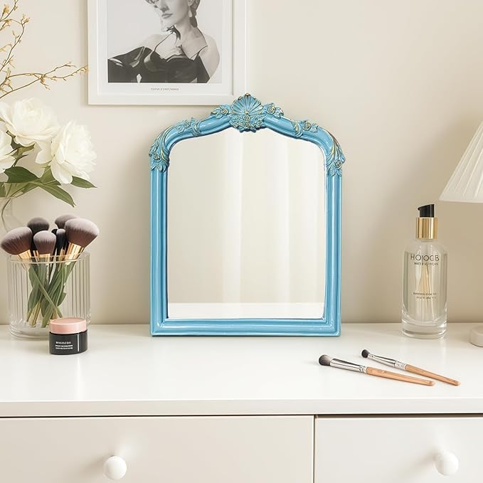 Vintage Carved Desk Mirror - 13x10 Inch Decorative Vanity Mirror for Makeup, Dorm, Bedroom & Tabletop Deco (Blue, 13" L x 10.2" W Flowers)