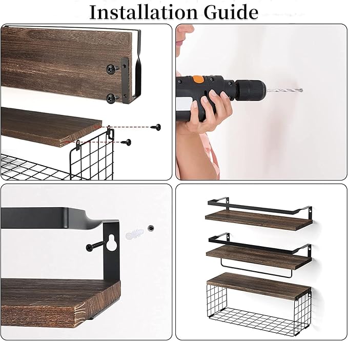 Generic Wooden Floating Shelves for Bathroom Organizer Over Toilet Wall Shelf Bathroom Organizer with Metal Frame Bathroom Shelf with Basket Storage Rack (White)