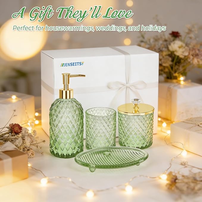Jenseits Emerald Green Glass Bathroom Set 4 Piece - Luxury Diamond Textured Bathroom Accessories - Soap Dispenser, Vanity Tray, Toothbrush Holder, Apothecary Jar - Boho Style Home Decor