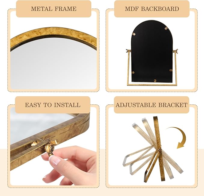 Vintage Makeup Desk Mirror, 11.8" L x 7.9" W Antique Gold Vanity Table Mirror, Metal Framed Arched Small Standing Mirrors, 360 Adjustable Rotation Mirrors for Tabletop, Bathroom