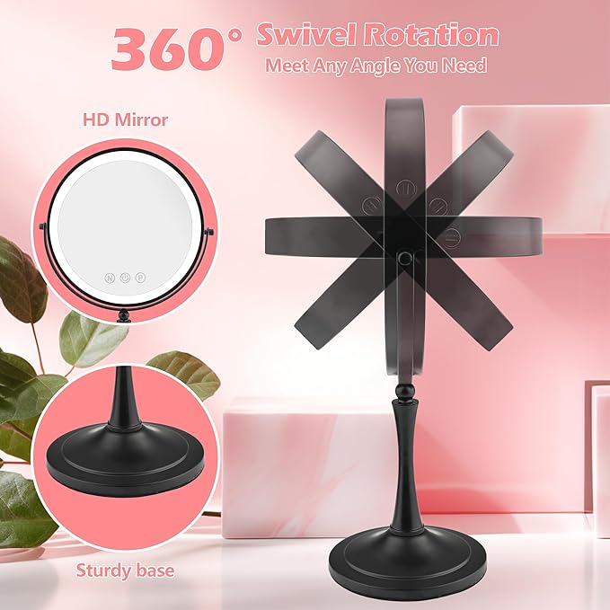 10" Large Lighted Makeup Mirror - Double Sided Vanity Mirror with 1X/10X Magnification & 3 Color LED Dimmable Lights