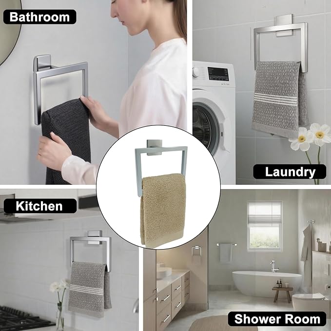 Silver Towel Ring - Premium Stainless Steel Bathroom Accessory, Sleek Square Design Hand Towel Holder, Durable Wall-Mounted Towel Hanger for Contemporary Bathroom, 2 Pcs