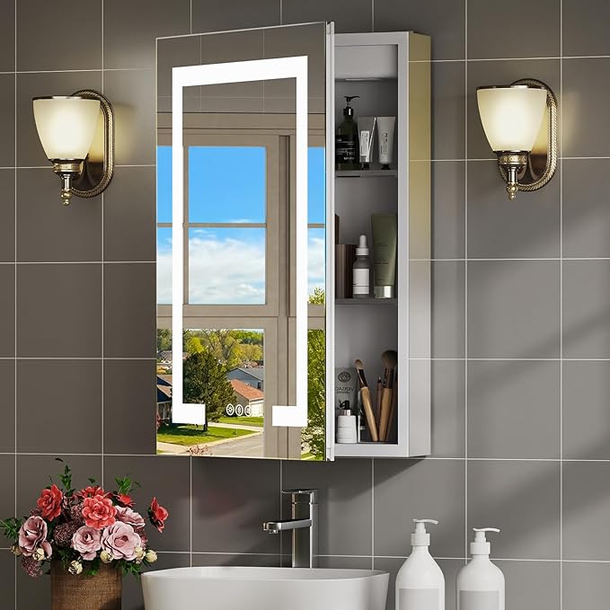 20x26 Inch Bathroom Medicine Cabinet with Mirror, Lighted Bathroom Mirror Cabinet, Recessed/Surface Mount Medicine Cabinet with Socket & USB, Anti-Fog, 3 Colors Temperature, Dimmable Light