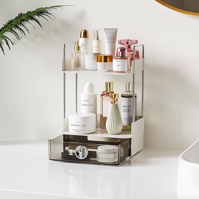 Small Makeup Vanity Organizer with Drawer, 2-Tier Bathroom Countertop Organizer with Metal Support, 7.8"x5.9" Compact Perfume Organizer for Dresser, Skincare & Lotion Storage, White