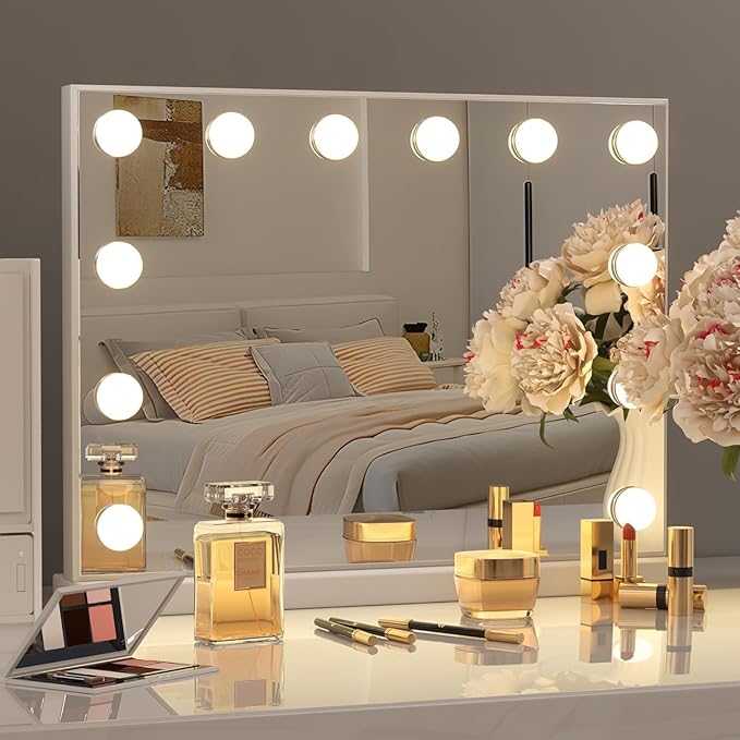Kottova 23"x18.1" Vanity Mirror with Lights, Lighted Makeup Mirror with 15 Dimmable LED Bulbs, Hollywood Mirror with 3 Color Lightings, USB Charging Port Touch Control, Metal Frame,Plug in (White)