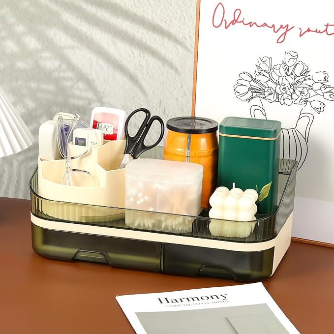 Makeup Organizer for Vanity, Make up Organizer Countertop with Rotating Makeup Brush Holder Cosmetic Display Case with Drawers Bathroom Storage Holder for Lipstick Brush Beauty Skincare