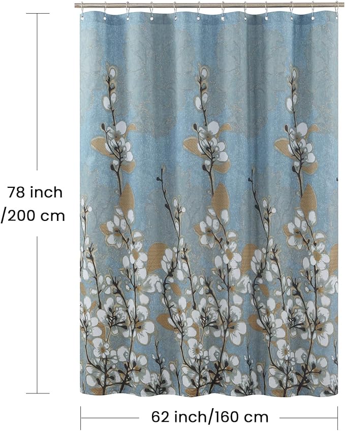 Long Fabric Floral Shower Curtain, Blue Brown Plant Flower Shower Curtains for Bathroom, 62" W x 78" H