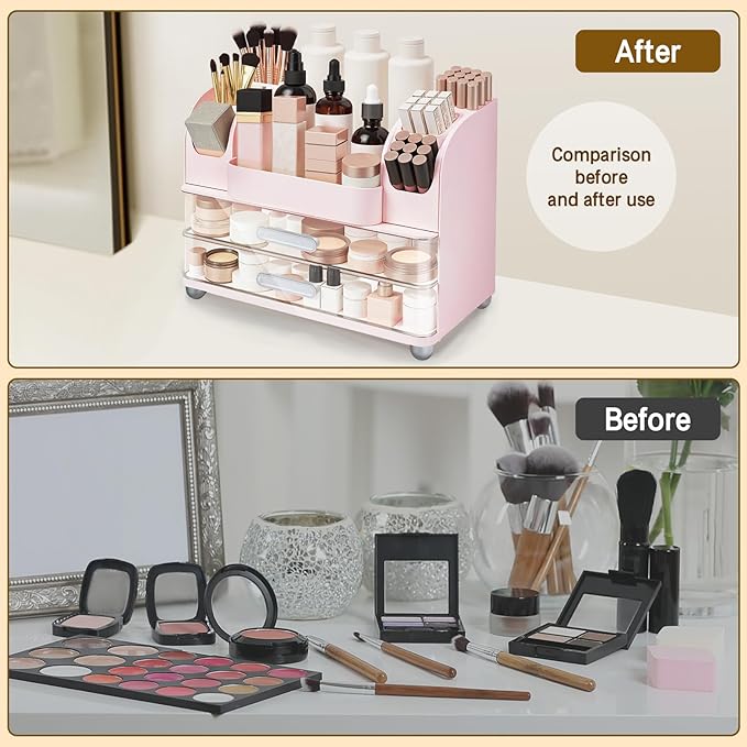 Makeup Organizer for Vanity Countertop with 2 Large Drawers, Spacious Display Cabinet, Partitioned Top Compartment 6 Brush Holders - Pink Beauty Storage Solution