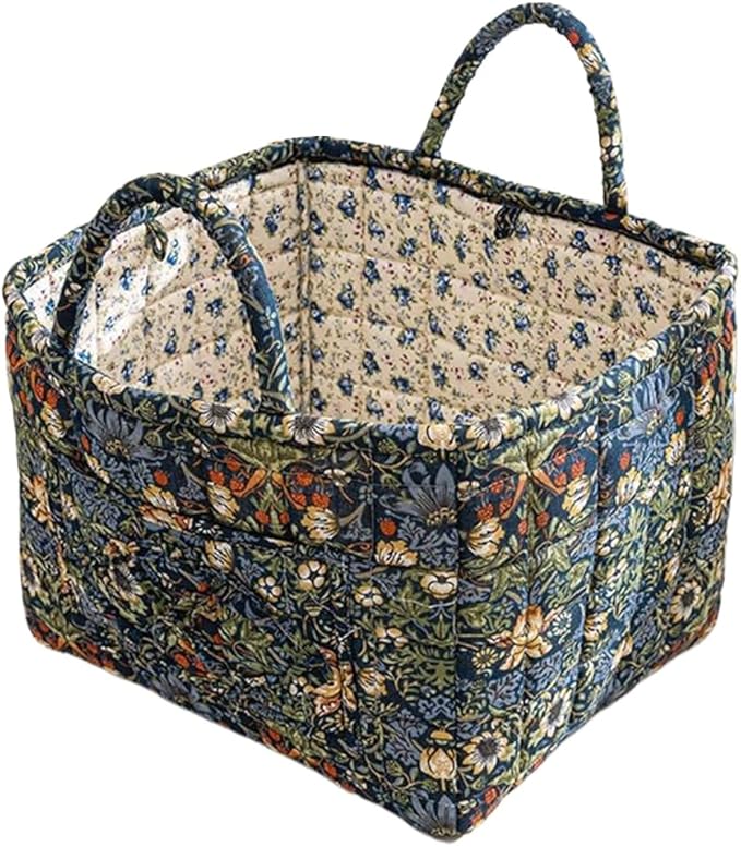 Quilted Fabric Storage Basket Boho Floral Laundry Hamper with Handle Foldable Floral Basket Organizer for Car Bedroom