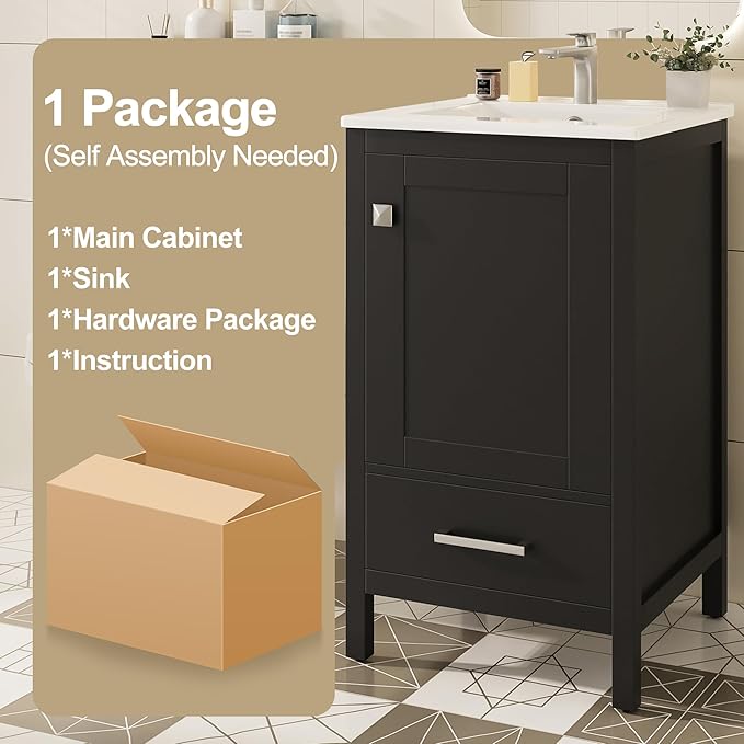 Virubi 20" Small Bathroom Vanity with Sink, Soft-Close Drawer and Door, Wood Modern Single Bathroom Sink Cabinet with Doors and Shelves, Adjustable Foot Pads, for Small Space (Black)