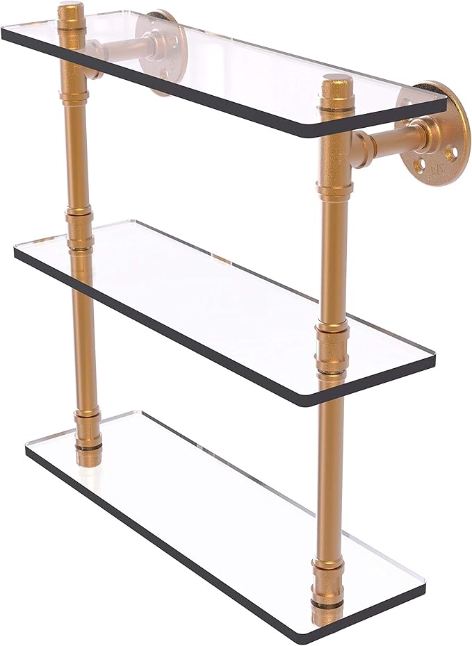 Allied Brass P-440-16-TGS Pipeline Collection 16 Inch Triple Glass Shelf, 16", Brushed Bronze