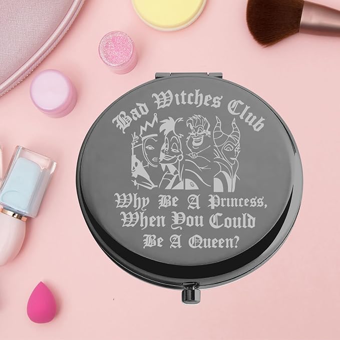 KEYCHIN Villains Club Pocket Mirror Evil Queen Fans Gifts Bad Witches Club When Be A Princess When You Could Be A Queen Compact Makeup Mirror (Bad Witches-BL)