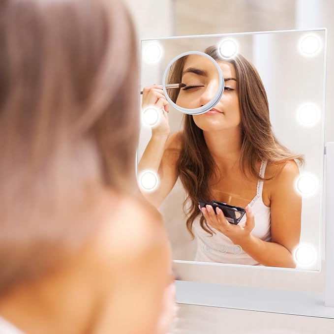 Lighted Makeup Mirror, Hollywood Vanity Mirror with 9 LED Bulbs, 3 Color Lights, and Detachable 10X Magnification Mirror, 1200mAh Rechargeable, Touch Control, 360°Rotation, White 14.05" * 12"