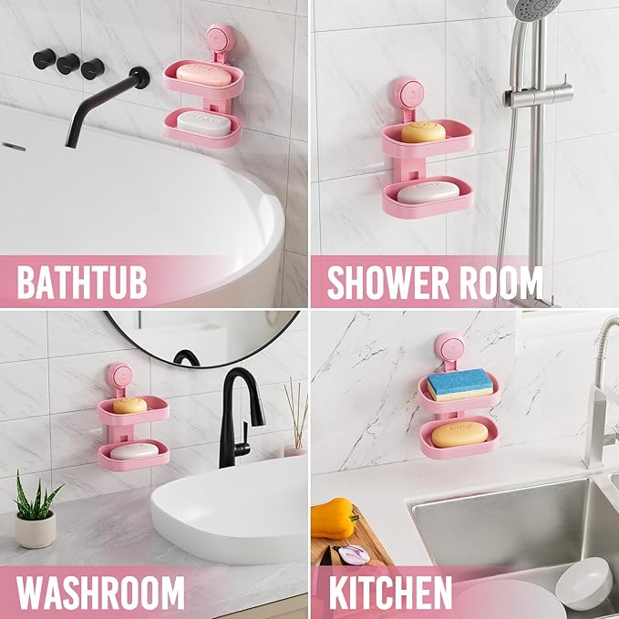 TAILI Soap Holder Soap Dish for Shower, Suction Cup Soap Holder for Shower Wall, Bathroom Accessories, Removable Strong Hold Soap Saver, Drill Free Double Soap Dish, Pink 2 Layer