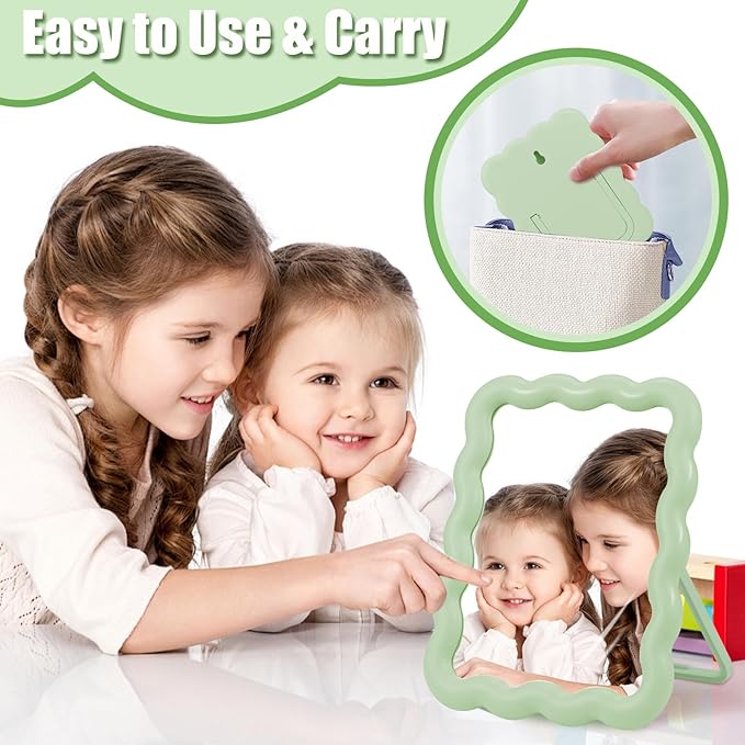 Desk Mirror, Wave-Shaped Adjustable Desk Vanity Makeup Mirror Office Cubicle with Eyebrows Tweezer, 6.7*5.3In Cute Travel Portable Folding Make Up Mirrors for Standing Hanging Home Decoration(Green)