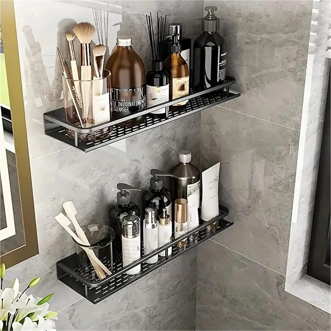 Aluminum Shelf Bathroom Storage Rack Wall Mounted Cosmetic Suitable for Item(50cm Black hookrod)