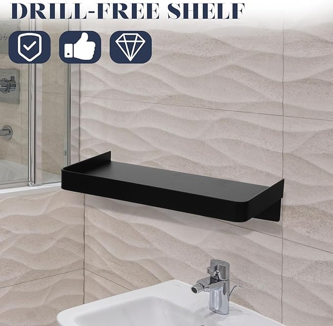 TOYANDONA Self-Adhesive Small Stainless Steel Phone Shelf for Bathroom Wall, Floating Metal Phone Rack with Wipes Storage, Black Non-Drilling Wall-Mounted Shelf for Bathroom Use