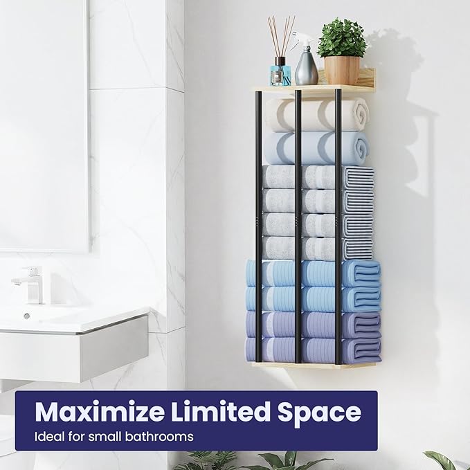 34 Inch Bathroom Towel Rack with Shelf – Modern Towel Holder for Bathroom Wall Mounted, Holds 6 Large Bath Towels, Rolled Towel Organizer for Bathroom, Laundry Room, and Small Space Storage