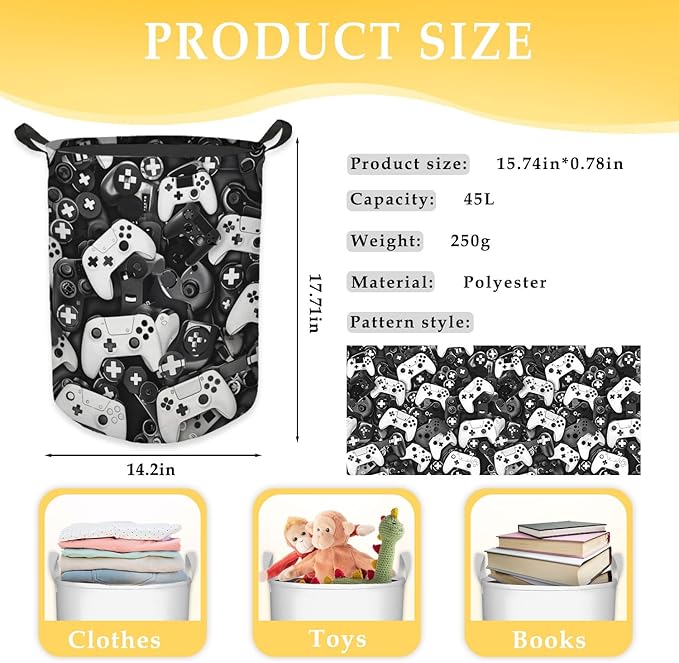 Gaming Gamer Laundry Basket, Toybox for Boys Room, Black and White Game Laundry Basket Hamper Waterproof Collapsible Clothes Toys Storage Bin Organizer for Bedroom Bathroom Boys Gamer Room