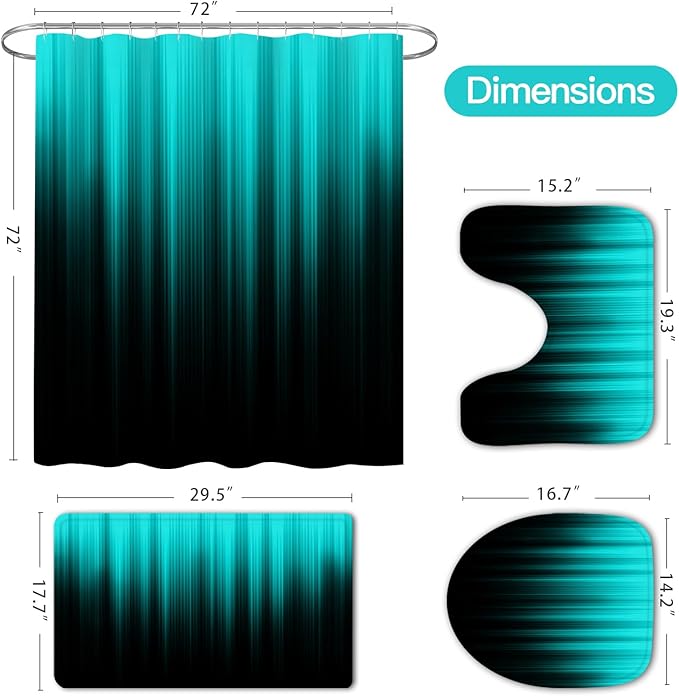 Litabel 4 Pcs Teal and Black Gradient Shower Curtain Set with Rugs and Toilet Lid Cover, Modern Simple Waterproof Fabric Bathroom Set, Ombre Stripe Gothic Abstract Bathroom Decor Set Accessories