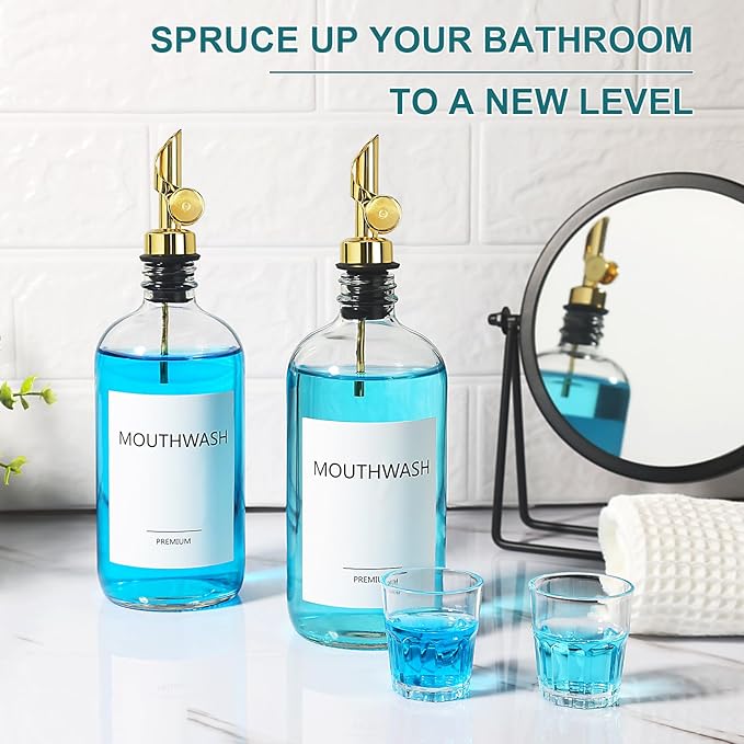 Mouthwash Dispenser for Bathroom, Glass Mouthwash Dispenser with Cup, Mouth Wash Container Bottle with Cup, Refillable Mouthwash Decanter, Clear,17oz,2 Pack