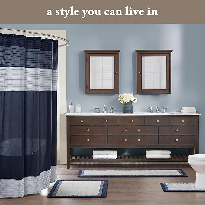 Madison Park Amherst Bathroom Shower Curtain Faux Silk Pieced Striped Modern Microfiber Bath Curtains, 72x84 Inches, Natural