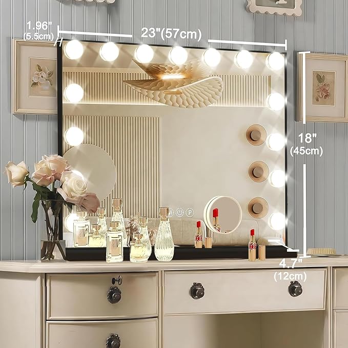 Ratsamee Black Hollywood Vanity Mirror with Lights, 15 Dimmable Bulbs, 3 Color Lights,Make Up Lighted Mirror, Aluminum Metal Frame, USB Charging Port(23" x 18")