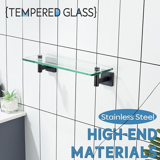 KOKOSIRI 12-Inch Bathroom Shelves Glass Floating Shelf Toilet Roll Holder Toilet Paper Holder Stainless Steel Oil Rubbed Bronze B1105ORB-L12+B2005ORB