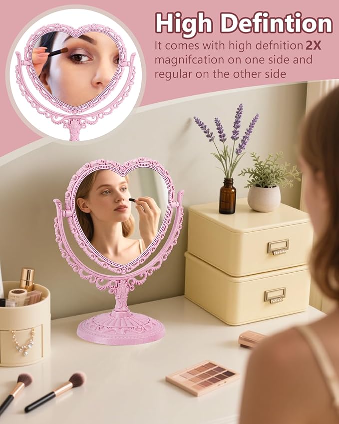 Heart Shaped Cute Vanity Princess Mirror for Desk,Double-Sided Rotatable Table with Stand Downtown Girl Room Coquette Decor (Pink)