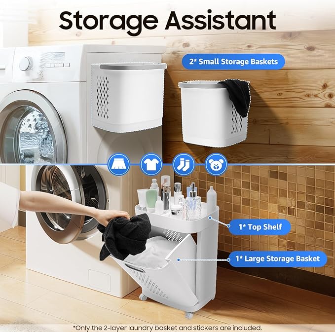 2-Tier Rolling Laundry Basket Movable Plastic Collapsible Laundry Basket Cart with Wheels and Handle, Durable Ventilated Portable Storage Baskets for Dorm, Laundry Room, Bathrooms