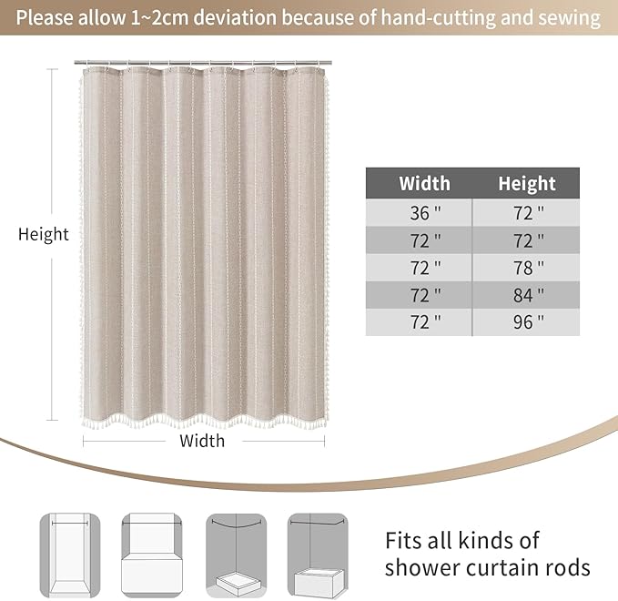 MitoVilla Boho Extra Long Shower Curtain 72 x 84, Tan 84 inch XL Polyester Linen Tassel Fabric Shower Curtain Set with Hooks for Vintage Country Farmhouse Bathroom Decor, Thick & Wrinkle Resistant