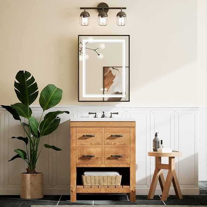 TETOTE Black Led Bathroom Medicine Cabinet with Mirror 20 x 26 Recessed or Surface Mount Metal Framed Lighted Medicine Cabinet, Tempered Glass, 3 Color Dimming, Anti-Fog, 2 Outlets, Adjustable Shelf