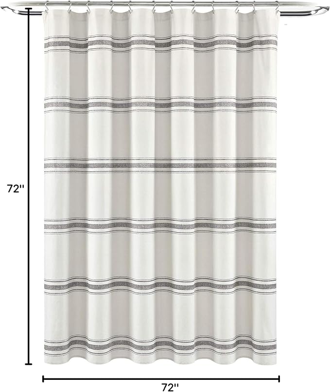 Lush Decor Farmhouse Stripe Cotton Shower Curtain, 72" W x 72" L, Gray - Striped Bathroom Curtain - Fabric Shower Curtains - Farmhouse Bathroom Decor