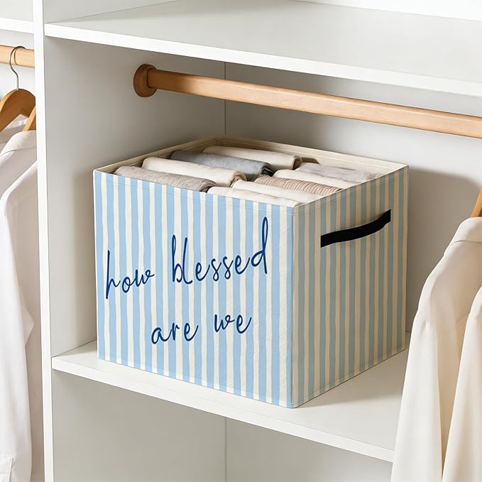 Blue Christian Storage Bin Box with Handles, How Blessed Are We Motivational Religious Foldable Baskets Organizer for Girls Bedroom Bathroom Clothes Toys Books, Toybox for Girls
